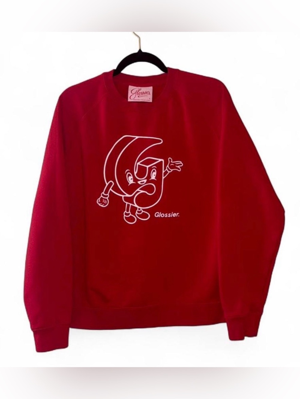 GLOSSIER Limited Edition oversized G Pal Red Crewneck w/ Mascot Graphic Size L